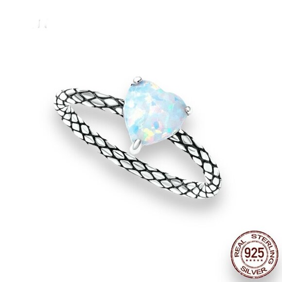 NWT Heart Shaped Natural Opal Ring Sz.8 S925 Sterling Silver Snake Pattern Band - Picture 4 of 8